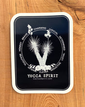 Load image into Gallery viewer, Yucca Spirit Sticker 2.55&quot; wide by 3.5&quot; in height displayed on wood for contrast. Design is white on a black background with rounded corners.  Each vinyl sticker has an easy peel backing with a standard gloss finish.
