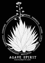 Load image into Gallery viewer, Agave Spirit design in white on a black background. The spirit words of the agave  are displayed in a circle around the cactus and read as follows; Bohemian, Energetic, Leader, Flirty, Generous, Motivated, Independent, Passionate, Carefree &amp; Charismatic.  Below the Agave Spirit name is the CactusSpirit.com website address.
