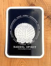 Load image into Gallery viewer, Barrel Spirit Sticker 2.55&quot; wide by 3.5&quot; in height displayed on wood for contrast. Design is white on a black background with rounded corners.  Each vinyl sticker has an easy peel backing with a standard gloss finish.
